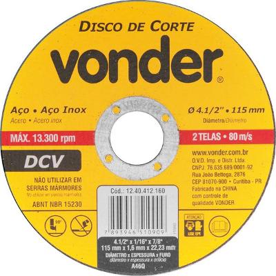 Disco de corte 115,0x1,6x22,23 p/ aço carbono e inox Vonder