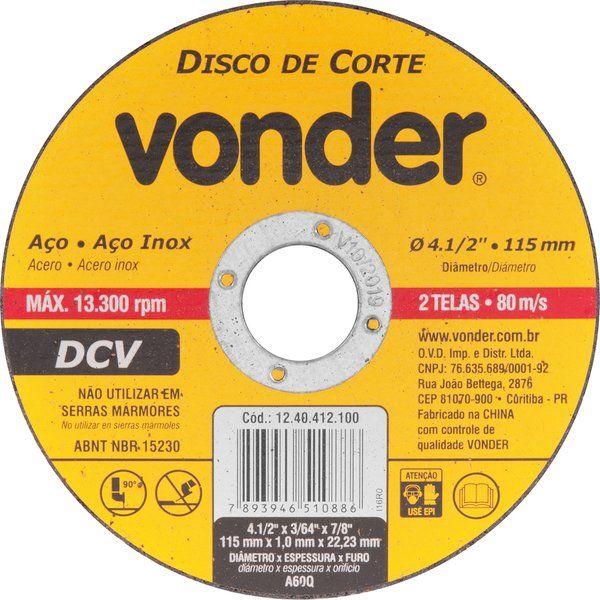 Disco de corte 115,0x1,0x22,23 p/ aço carbono e inox Vonder - 1