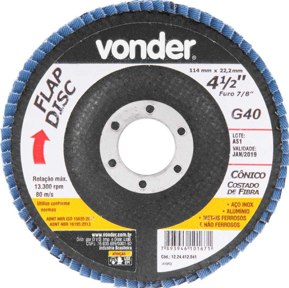 Flap disc 4.1/2" g40 costado fibra cônico inox Vonder - 1