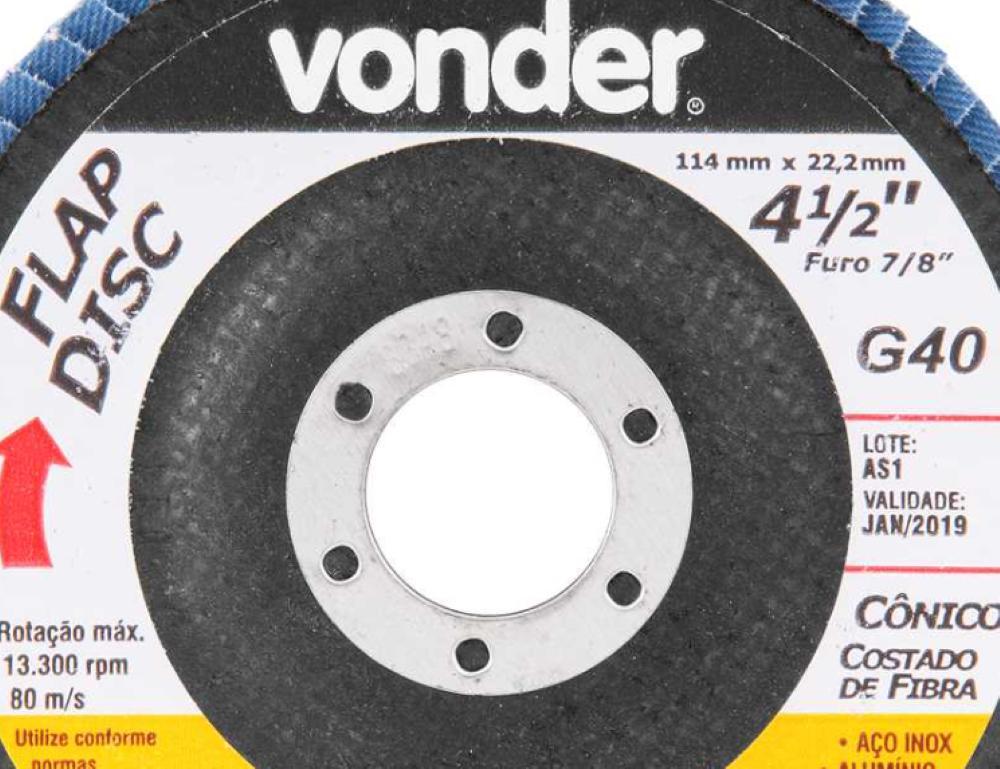 Flap disc 4.1/2" g40 costado fibra cônico inox Vonder - 2