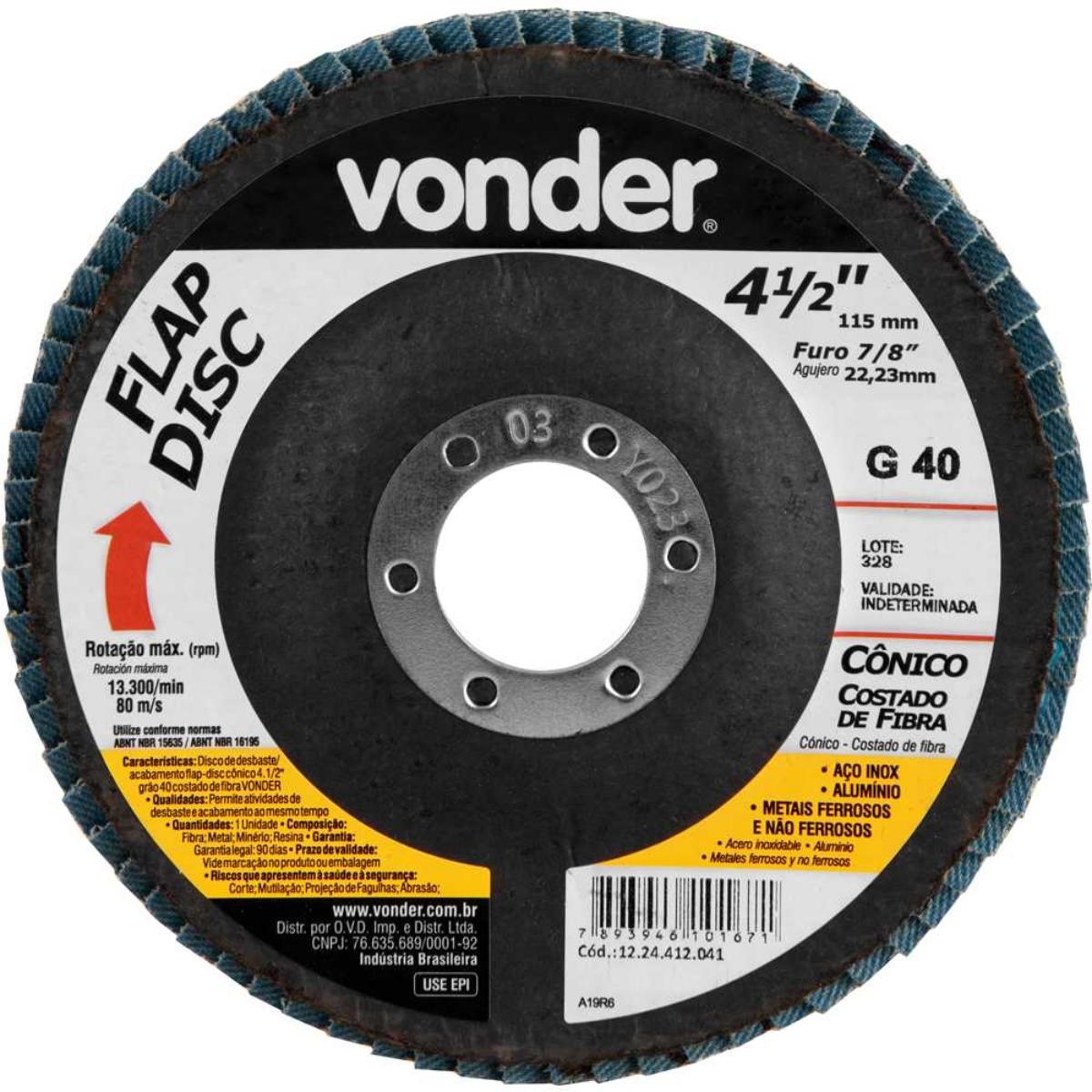 Flap Disc 4.1/2 G40 Costado Pvc Reto Aço Carbono Ino Vonder - 1