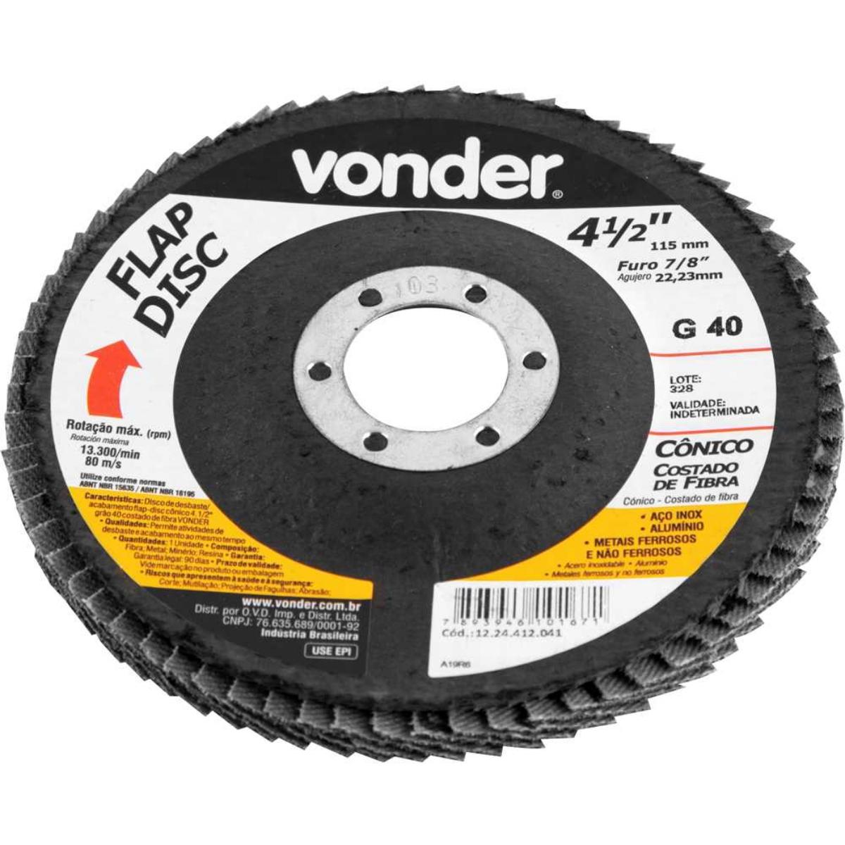 Flap Disc 4.1/2 G40 Costado Pvc Reto Aço Carbono Ino Vonder - 3