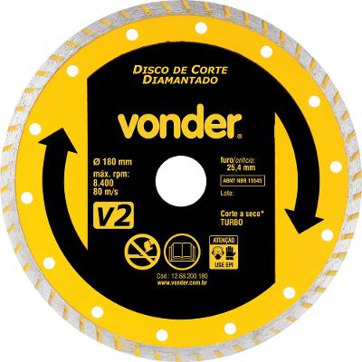Disco diamantado 180mm turbo furo 25mm v2 Vonder