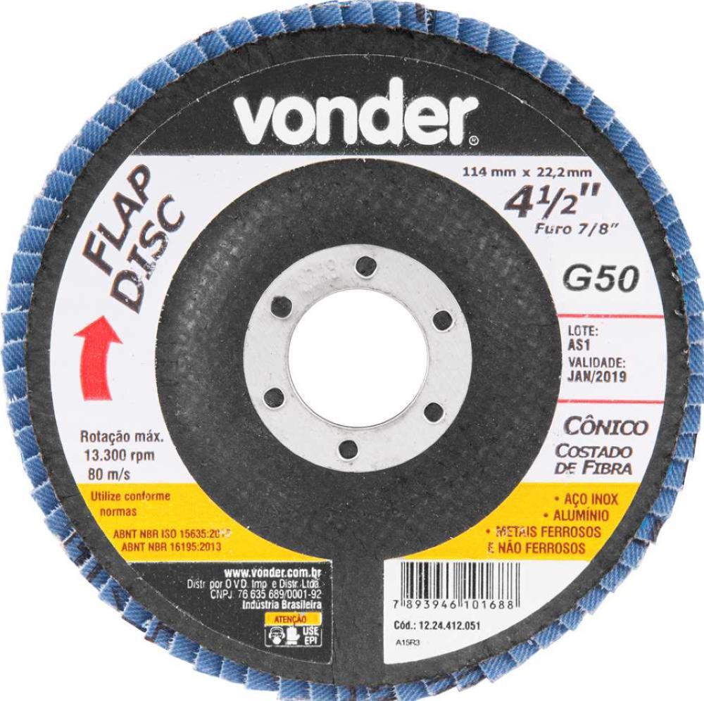 Flap disc 4.1/2" g50 costado fibra cônico inox Vonder - 1