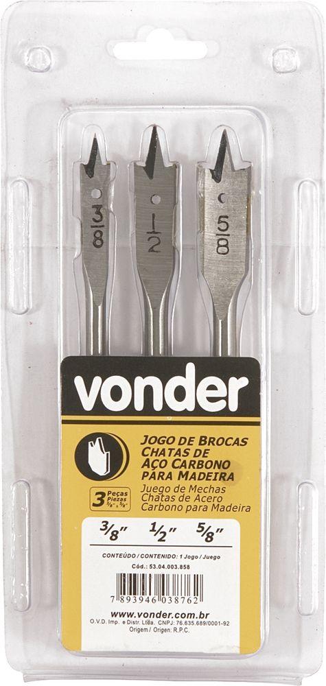 Jogo Broca Chata Aço Carbono 3/8 -1/2 -5/8 Madeira Vonder - 2