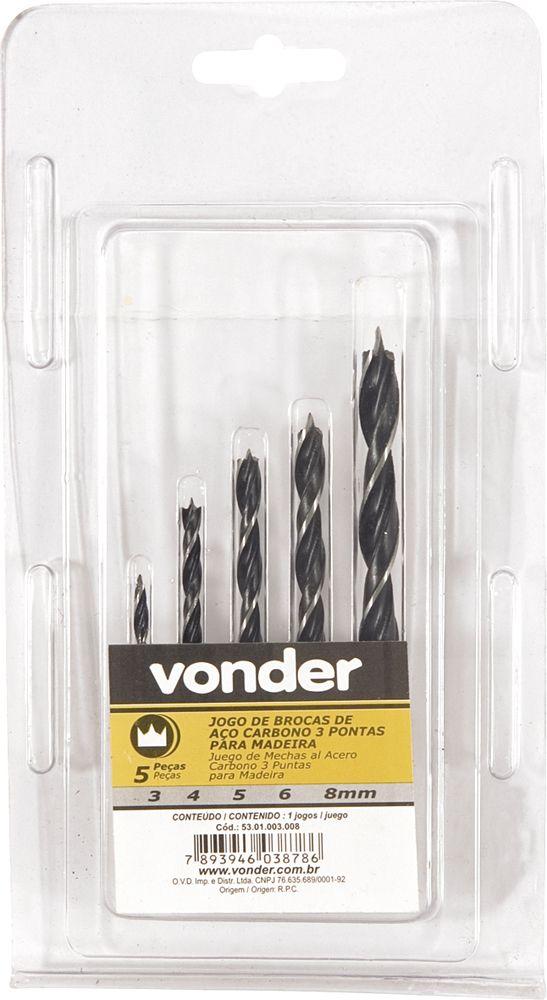 Jogo Broca 3 Pontas Aço Carbono 3 À 8mm Madeira 5 P Vonder - 1