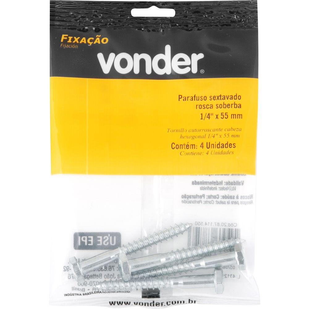 Parafuso Sextavado Rosca Soberba 1/4''x55mm 4 peças Vonder - 2