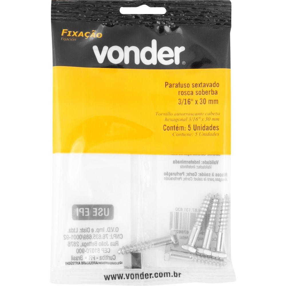 Parafuso Sextavado Rosca Soberba 3/16''x30mm 5 peças Vonder - 3
