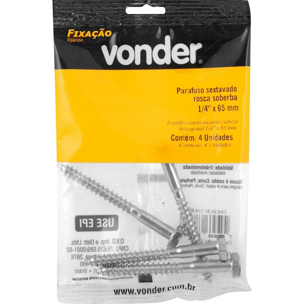 Parafuso Sextavado Rosca Soberba 1/4''x65mm 4 peças Vonder - 3