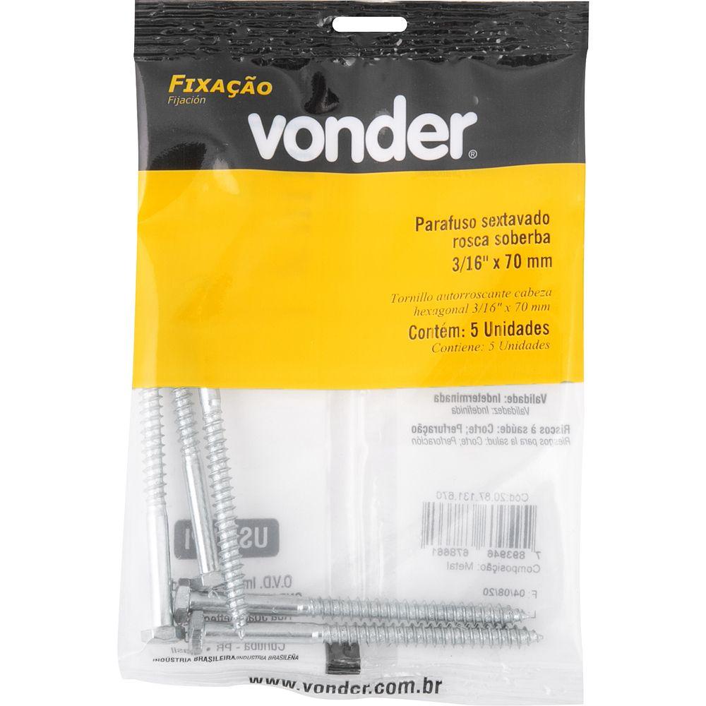 Parafuso Sextavado Rosca Soberba 3/16''x70mm 5 peças Vonder - 2