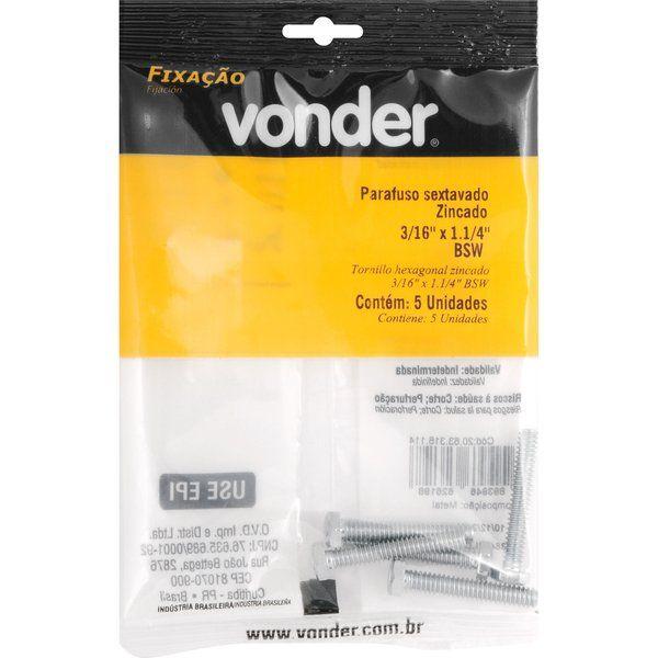 Parafuso Sextavado Zincado 3/16''x1.1/4'' Bsw 5 peças Vonder - 1