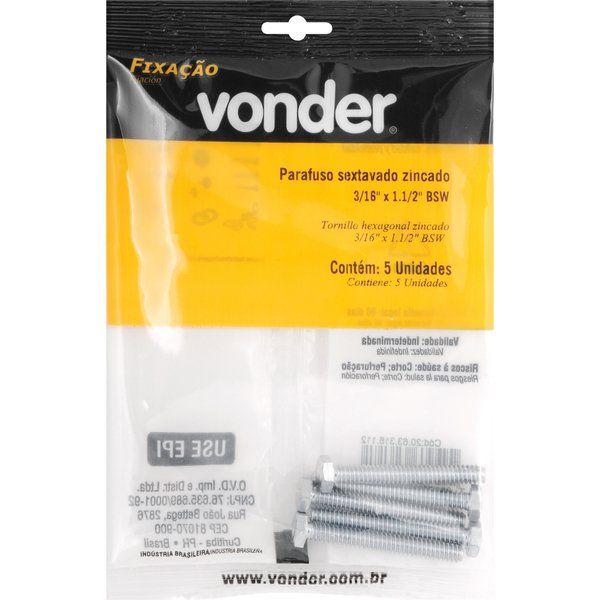 Parafuso Sextavado Zincado 3/16''x1.1/2'' Bsw 5 peças Vonder - 2