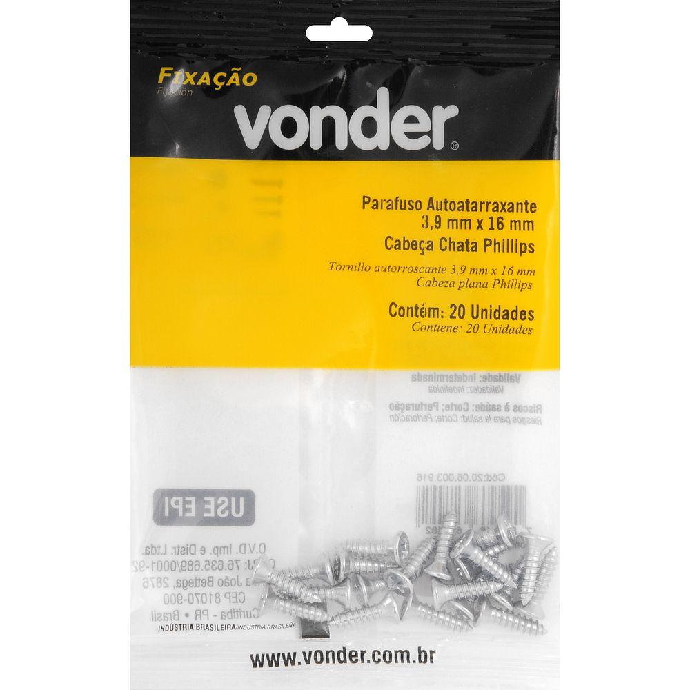 Parafuso Autoatarraxante 3,9x16 Phillips c/ 20 peças Vonder - 3