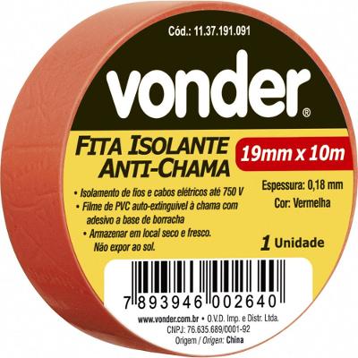 Fita isolante pvc 19mmx10m vermelha anti chama peça Vonder