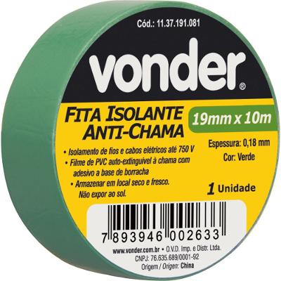 Fita isolante pvc 19mmx10m verde anti chama peça Vonder