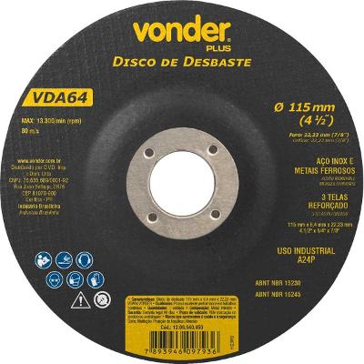 Disco De Desbaste 114,3x6,4x22,22 Para Aço Carbono Vda64 - V
