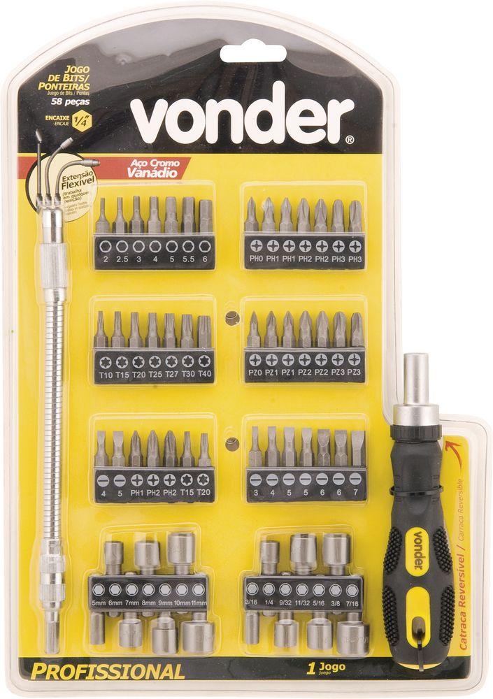 Jogo bits ponteiras 1/4" com 58 peças cromo vanádio Vonder - 1