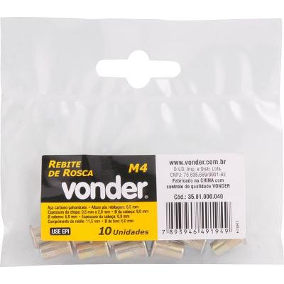 Rebite Aço Carbono M4 Rebite Manual Rosca Pacote 10 Vonder