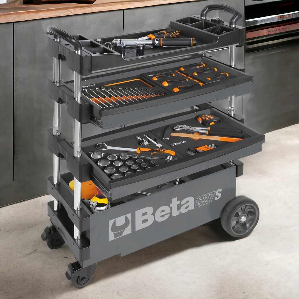 Carrinho de Ferramentas Tipo Trolley Rebatível 2 Gavetas com 6 Tabuleiros Cinza C27S-G Beta - 2