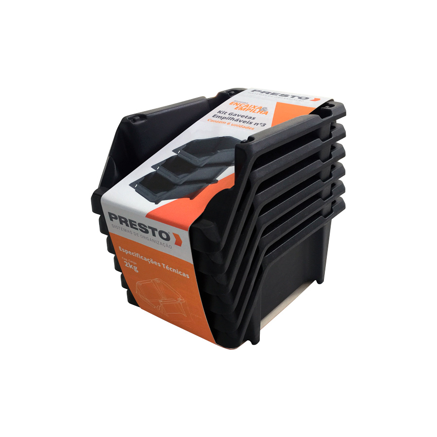 Kit 6 Gavetas Empilhaveis N3 Preto Presto - 1