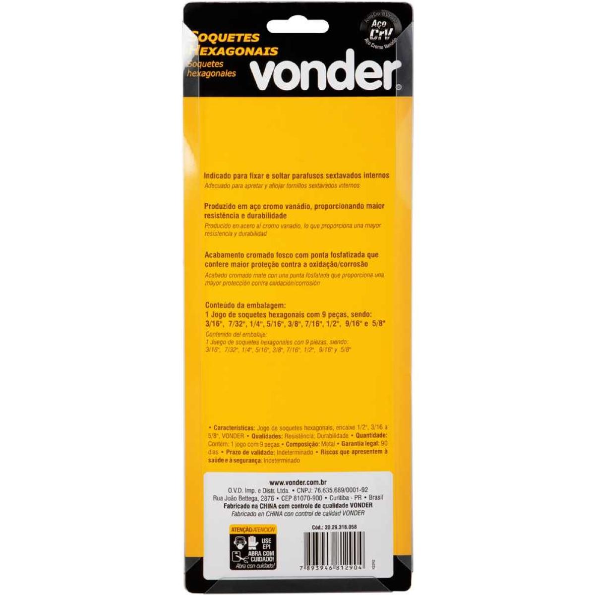 Jogo Soquete Sextavado 1/2'' 3/16-5/8'' Com 9 Pecas Vonder - 6