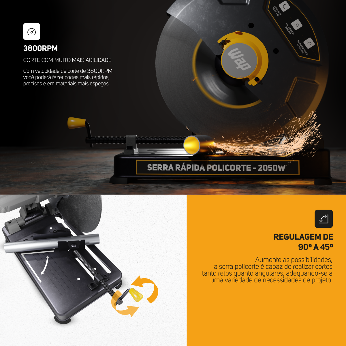 Serra Rápida Policorte de Bancada Profissional 2050W Disco 355mm 14" para cortar Ferro Metal e Aço WAP WF SP01 220V - 8