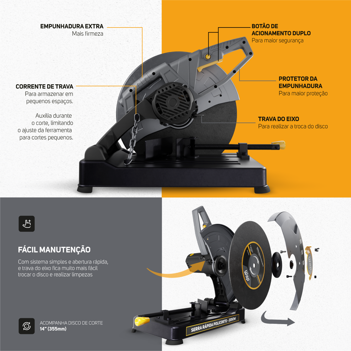 Serra Rápida Policorte de Bancada Profissional 2050W Disco 355mm 14" para cortar Ferro Metal e Aço WAP WF SP01 220V - 10
