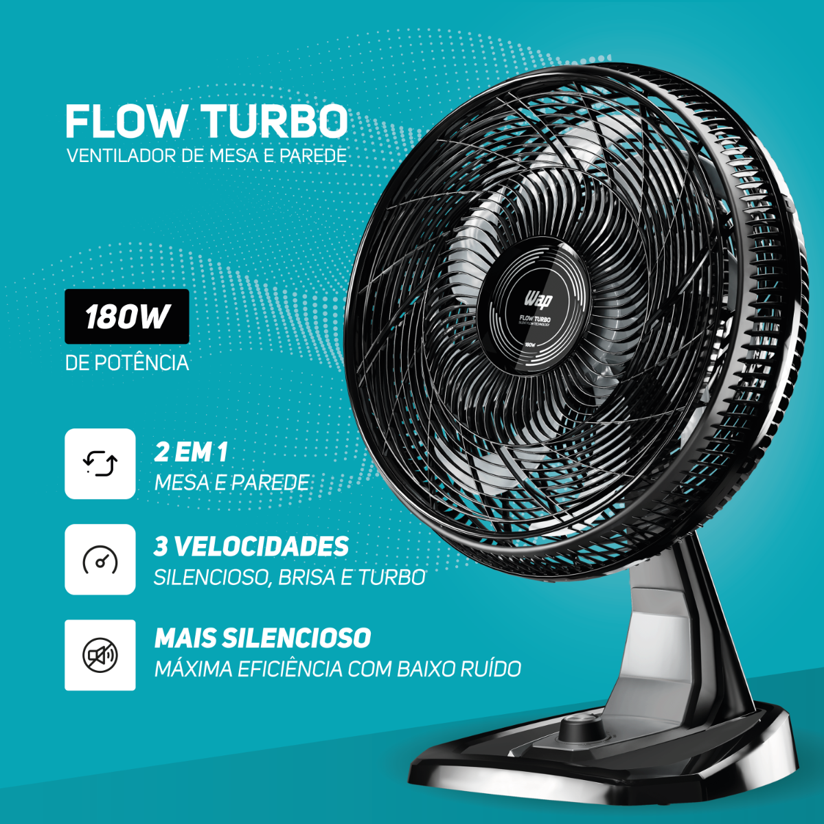Ventilador 2 em 1 Mesa e Parede 180W 50 cm 8 Pás Potente Silencioso e Econômico com 3 Velocidades WAP FLOW TURBO 127V - 6