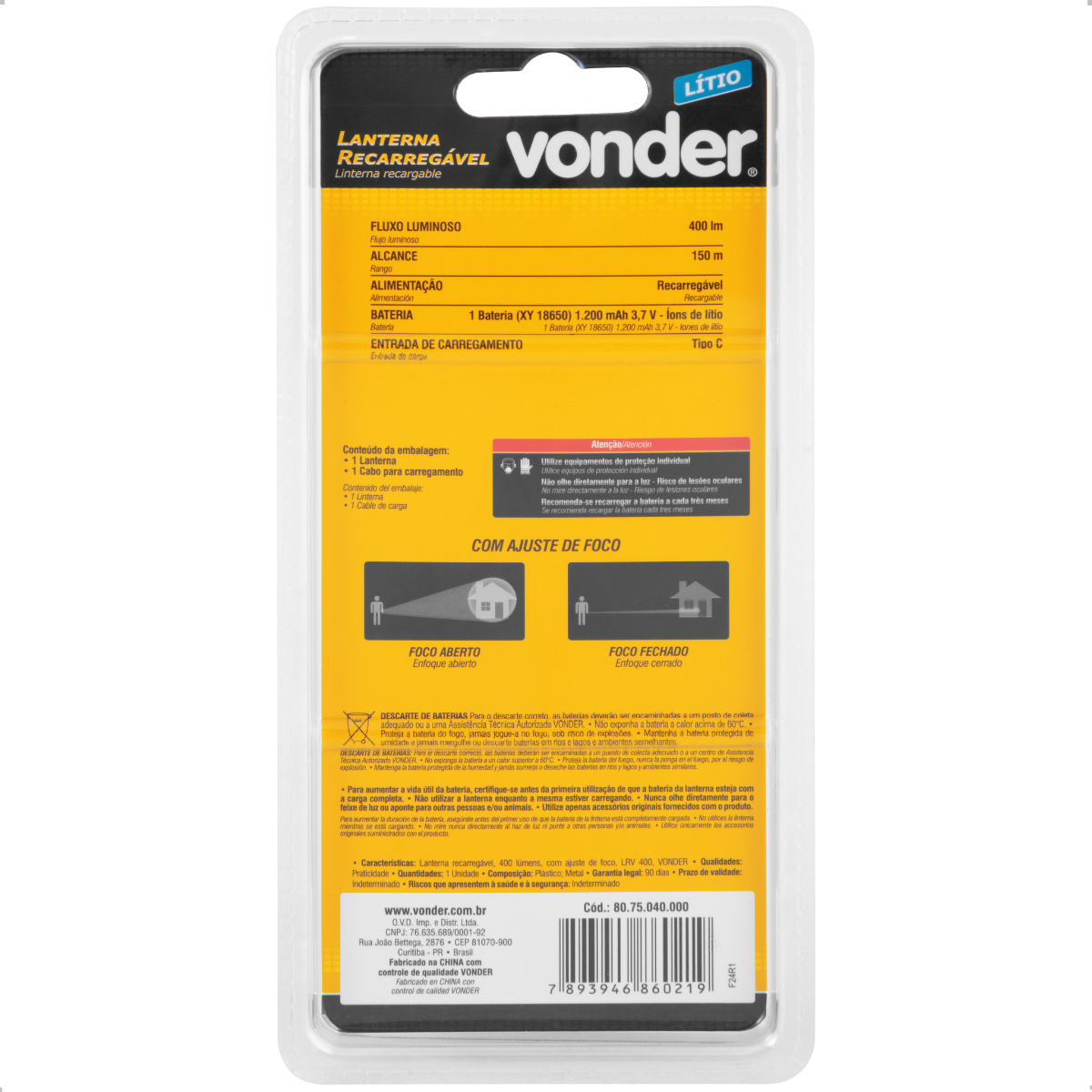 Lanterna Recarregável 400 Lumens Ajuste de Foco LRV400 Vonder - 4