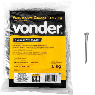 Prego com Cabeça 10 x 10 (7/8 x 17") Polido 1 Kg Vonder