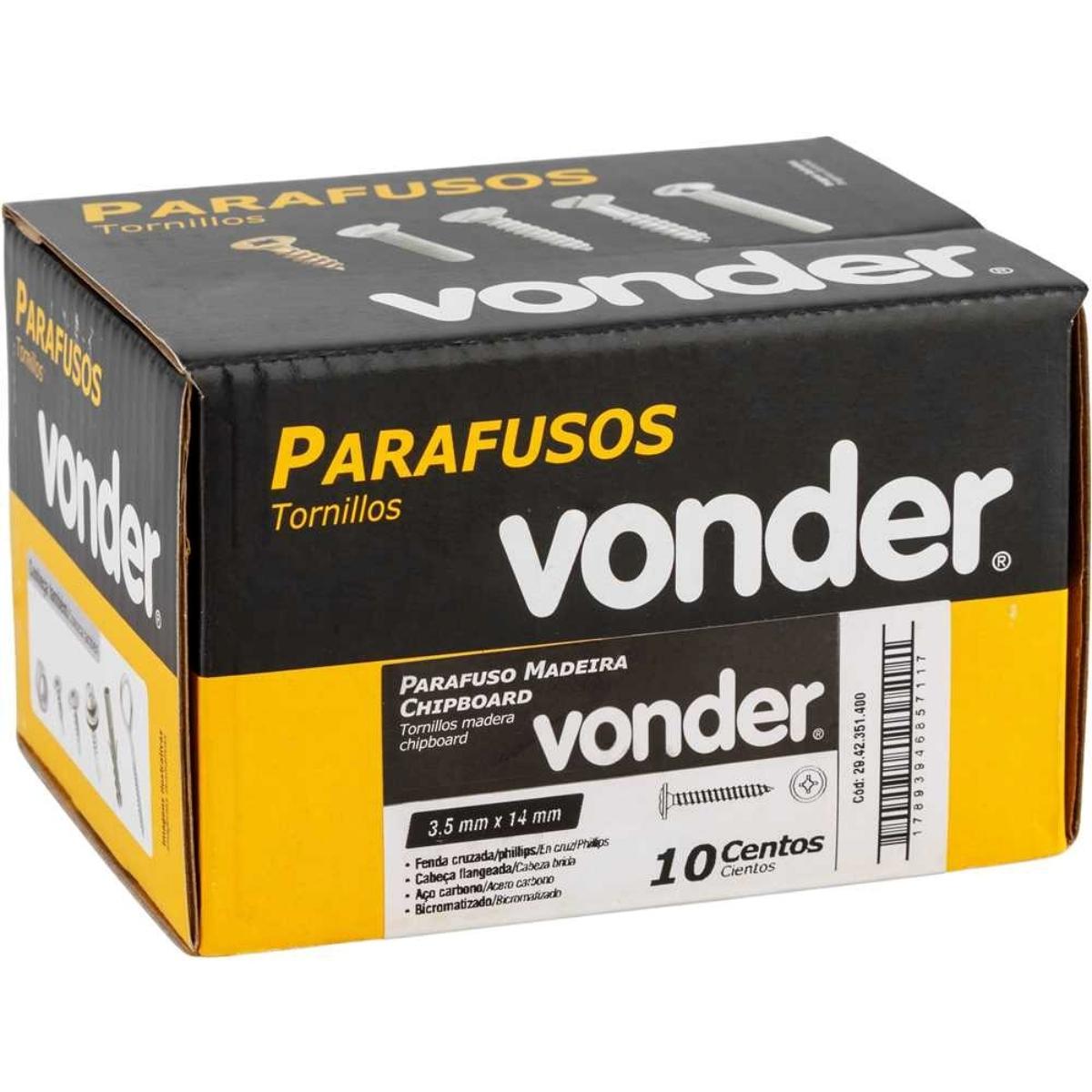 Parafuso Madeira 3,5 x 14 mm Chipboard Cabeça Flangeada Phillips 1000 Peças Vonder - 5
