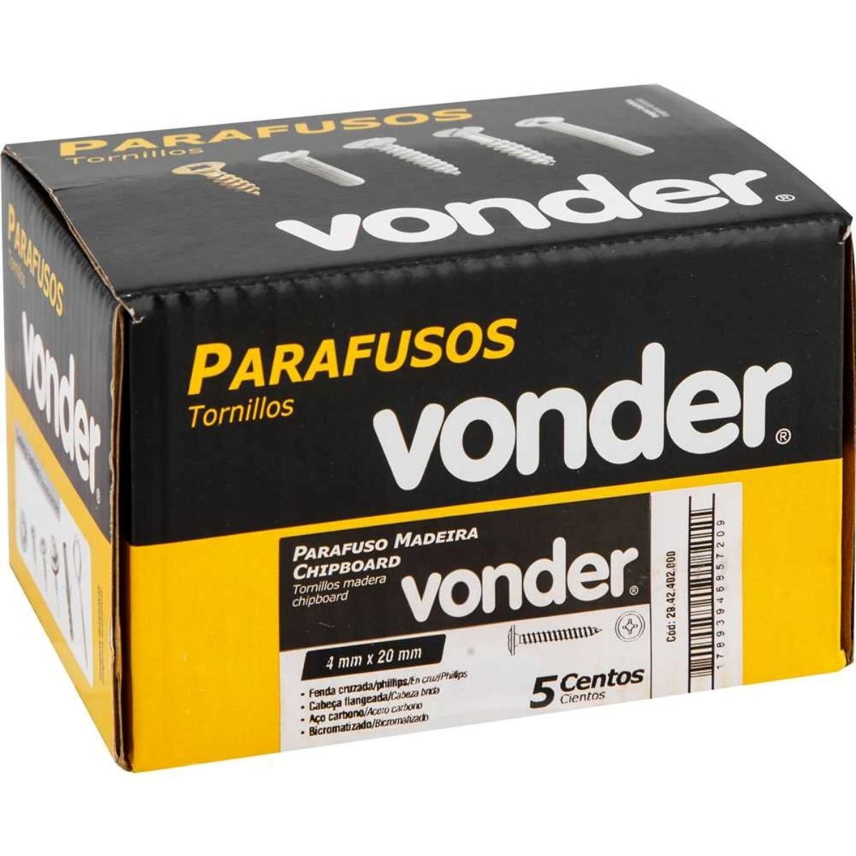 Parafuso Madeira 4,0 x 20 Chipboard Cabeça Flangeada Phillips 500 Peças Vonder - 4
