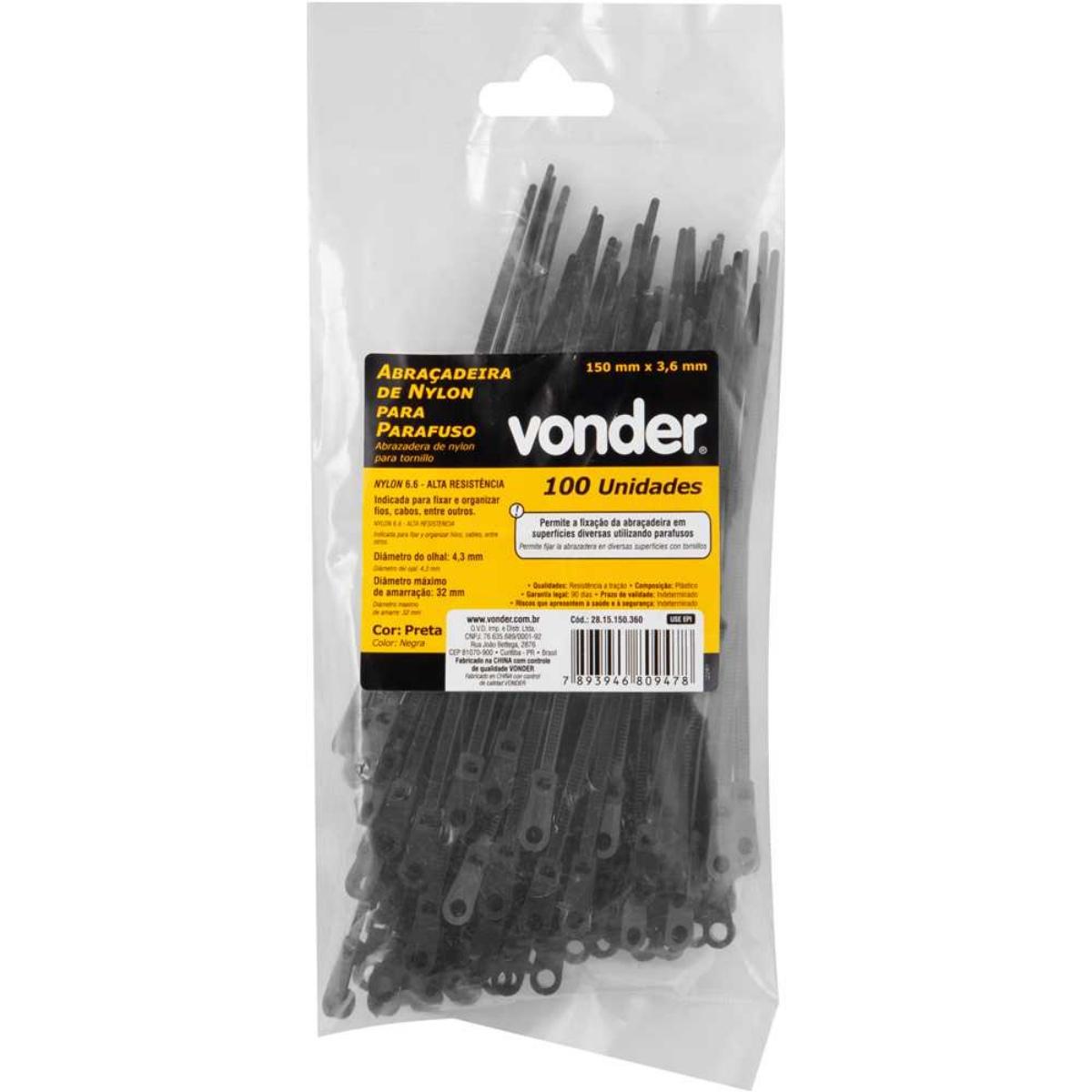 Abraçadeira Nylon para Parafusos 150 x 3,6 Preta 100 Peças Vonder - 1