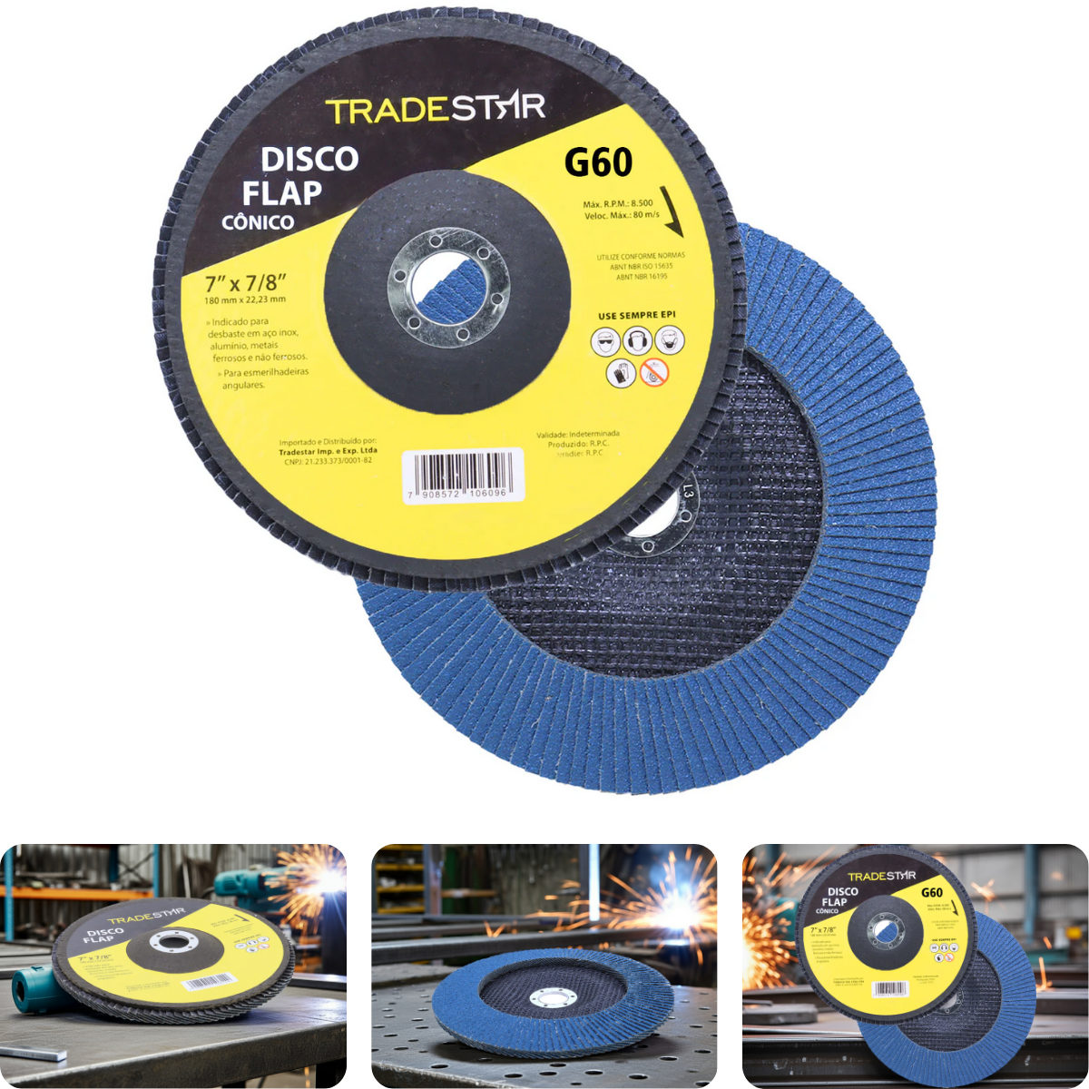 Disco Flap 180 mm G60 Fibra Cônico Azul Aço e Inox Tradestar - 1