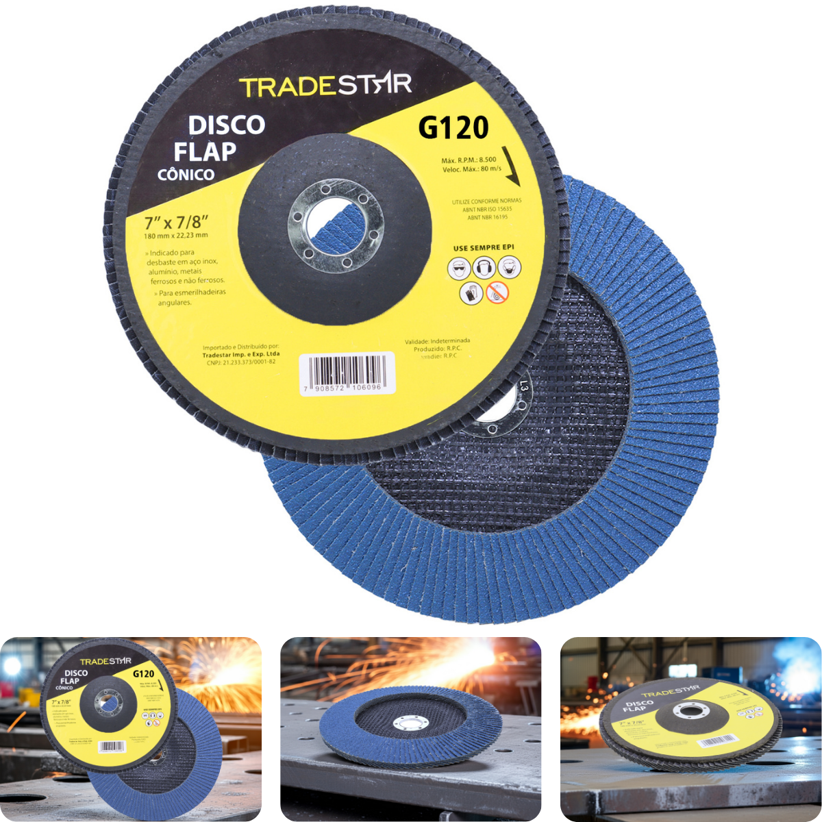 Disco Flap 180 mm G120 Fibra Cônico Azul Aço e Inox Tradestar - 2