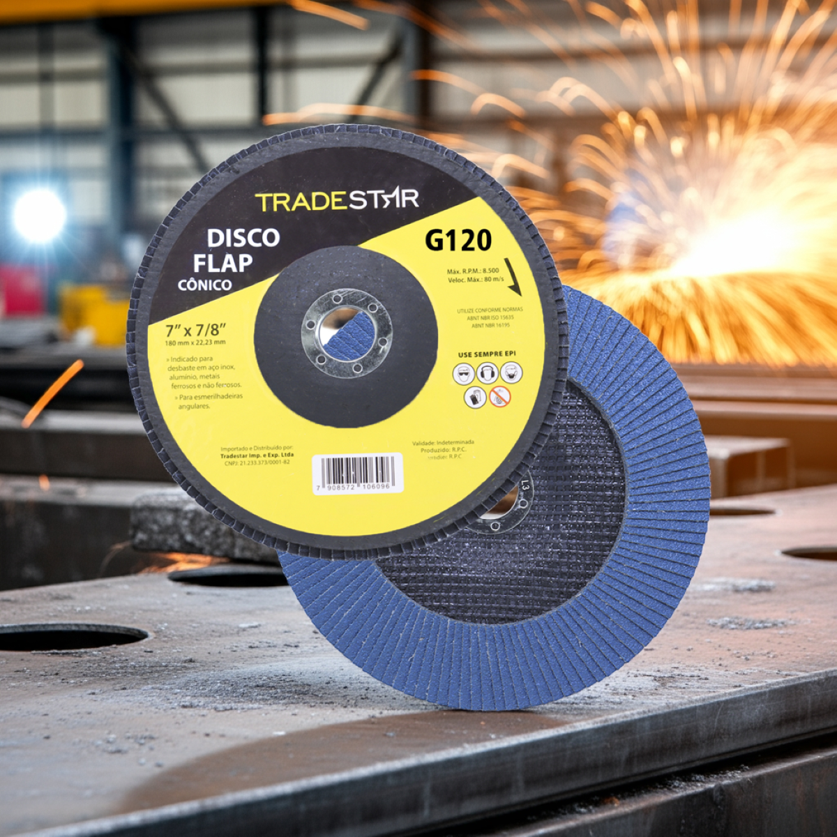 Disco Flap 180 mm G120 Fibra Cônico Azul Aço e Inox Tradestar - 7