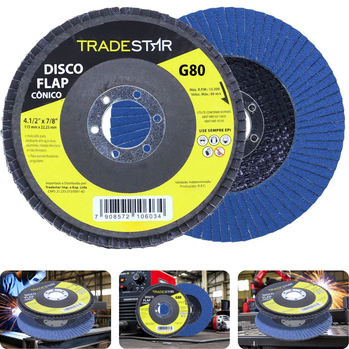 Disco Flap 115 mm G80 Fibra Conico Azul Aço e Inox Tradestar - 1