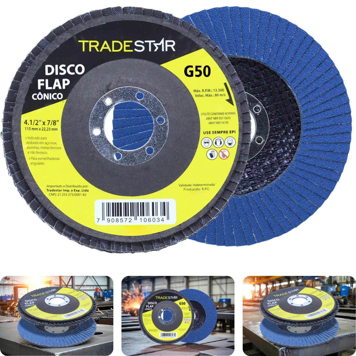 Disco Flap 115 mm G50 Fibra Conico Azul Aço e Inox Tradestar - 1