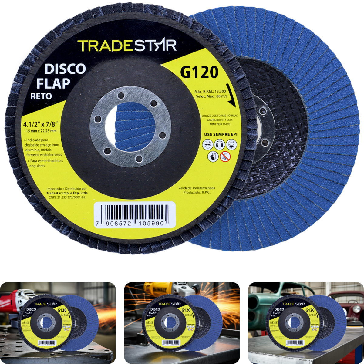 Disco Flap 115 mm G120 Fibra Reto Azul Aço e Inox Tradestar - 1
