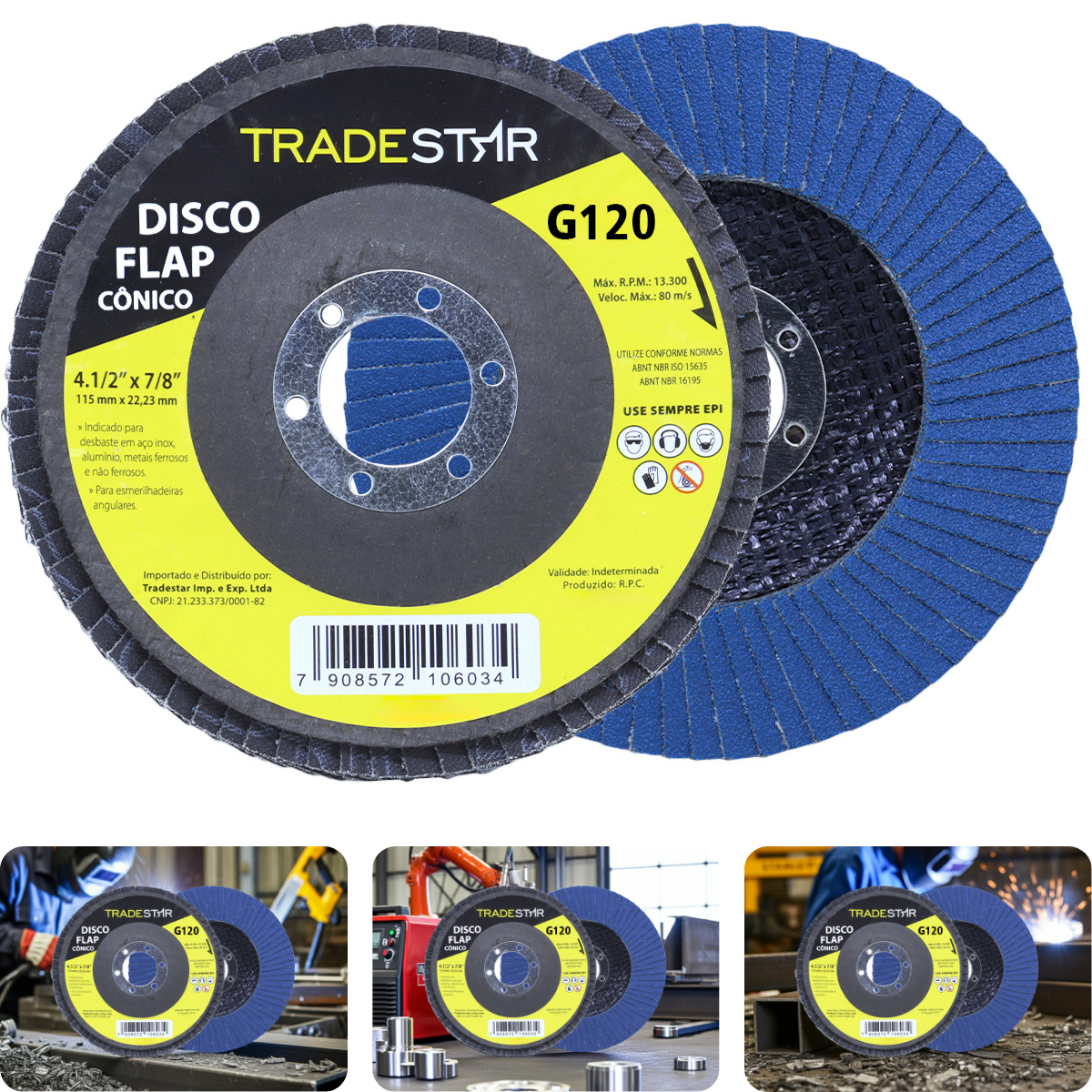 Disco Flap 115 mm G120 Fibra Cônico Azul Aço e Inox Tradestar - 1