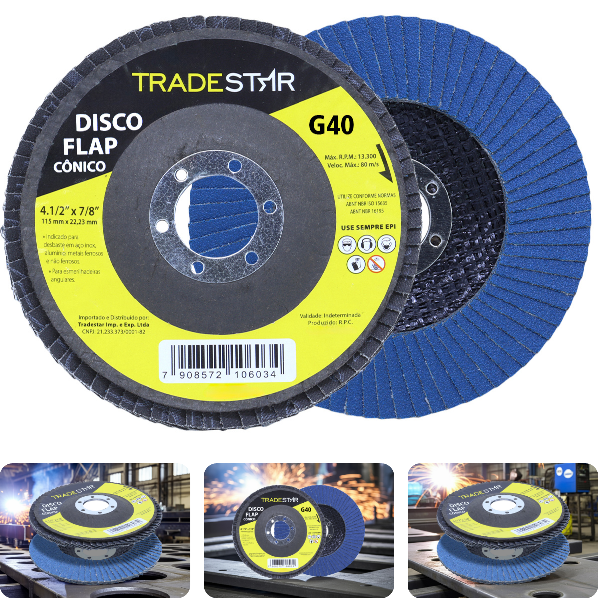 Disco Flap 115 mm G40 Fibra Cônico Azul Aço e Inox Tradestar - 1