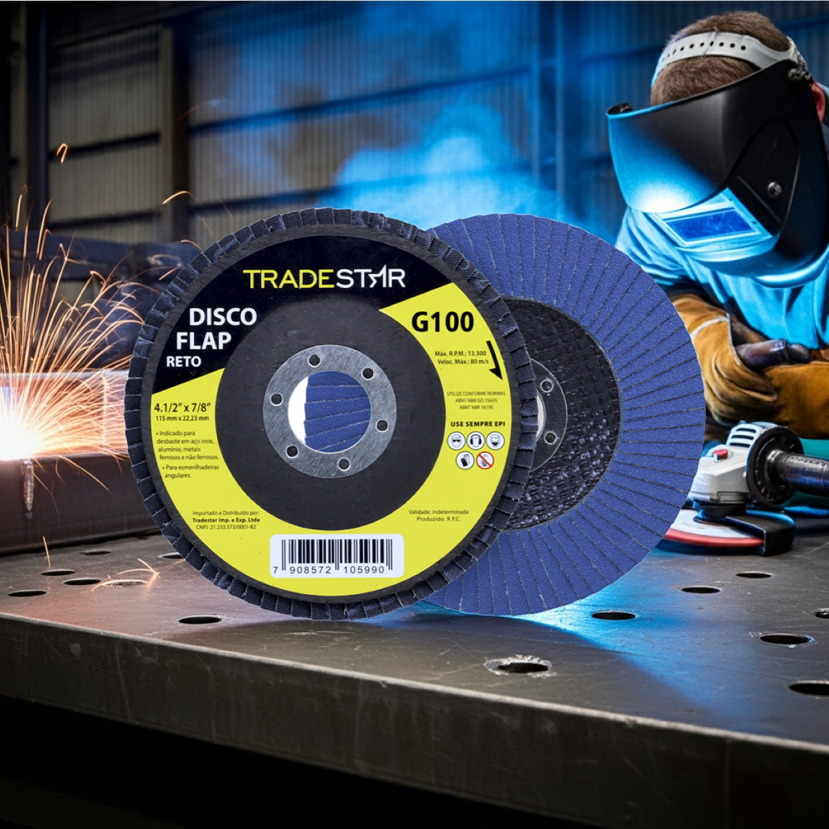 Disco Flap 115 mm G100 Fibra Reto Azul Aço e Inox Tradestar - 8