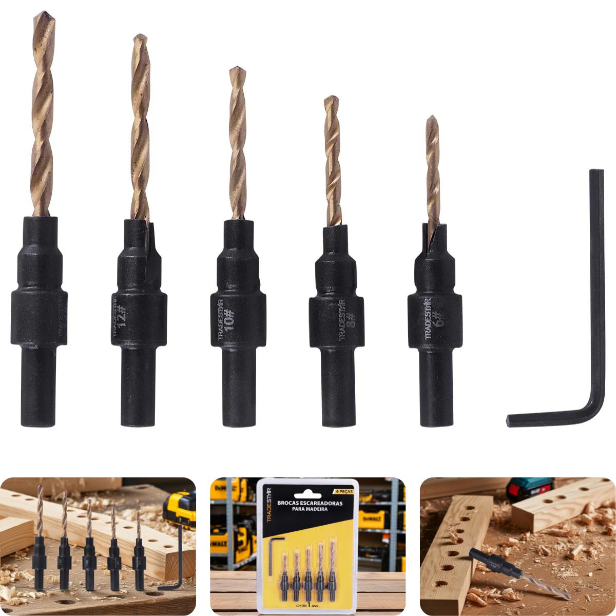 Jogo Broca com Escareador 6 - 14 mm para Madeira 6 Peças Tradestar - 1