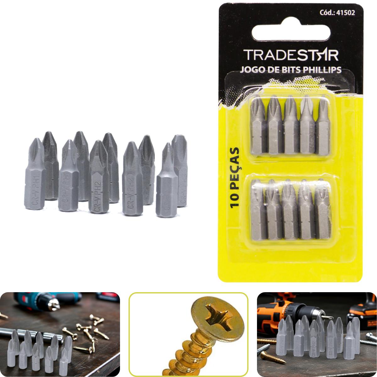 Jogo Bits Phillips 1/4'' 25 mm 10 Peças Tradestar - 1