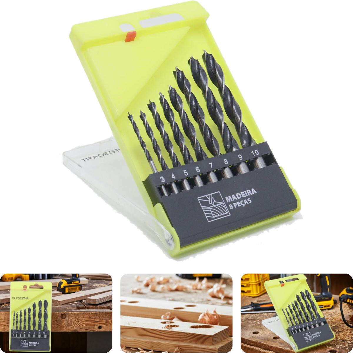 Jogo Broca Aço 3 Pontas Compensado Madeira 3 - 10 mm  8 Peças Tradestar - 1