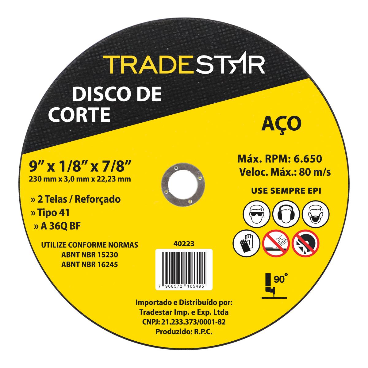 Disco de Corte 230 x 3,0 mm 2 Telas Furo 22,23 mm Aço Tradestar - 10