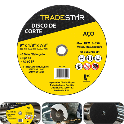 Disco de Corte 230 x 3,0 mm 2 Telas Furo 22,23 mm Aço Tradestar