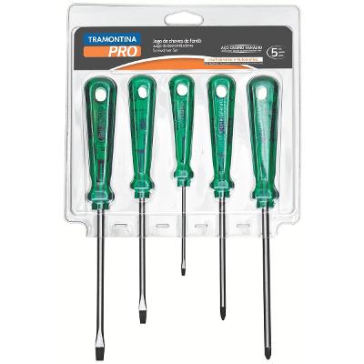 Jogo Chave de Fenda 5 Peças Tramontina PRO Pontas Chata Cruzada Trafix Canhão Sextavado