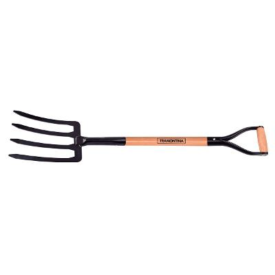 Forcado Metálico Para Terra Tramontina 4 Dentes 74cm Cabo Madeira Aço Carbono
