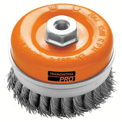 Escova Tipo Copa Arame Entrançado 4'' Tramontina PRO Aço 0,5mm Rosca M14 Remoção Ferrugem
